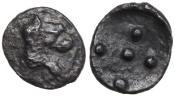 Sicily. Leontini. AR Pentonkion, 476-466 BC. Obv. Roaring lion's head right. Rev. Five pellets. SNG Lloyd 1051. AR. 0.21 g. 7.00 mm. RR. VF.