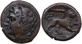 Sicily. Messana. AE 22 mm. 278-275 BC. Obv. Head wearing lion skin, left. Rev. Lion walking, right; club above; grain-ear below. HGC 2 839; Buceti 133...