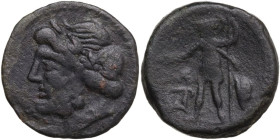 Sicily. Panormos. AE 21 mm, after 241 BC. Obv. Laureate head of Zeus left. Rev. Warrior standing left, holding patera and spear; to right, shield. HGC...