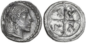 Sicily. Syracuse. Hieron I (478-466 BC). AR Obol, c. 470-466 BC. Obv. Head of Arethousa right, wearing olive wreath. Rev. Wheel of four spokes; ethnic...