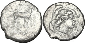 Sicily. Syracuse. Second Democracy (466-405 BC). AR Tetradrachm. Obv. Quadriga right; above, Nike. Rev. Head of Arethusa right, surrounded by four dol...