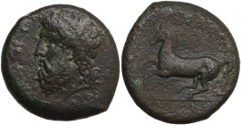 Sicily. Syracuse. Timoleon (334-336 BC). AE Dilitron. Timoleontic Symmachy coinage, c. 339/8-334 BC. Obv. Head of Zeus Eleutherios left, wearing laure...