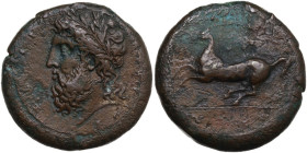 Sicily. Syracuse. Timoleon (334-336 BC). AE Dilitron. Timoleontic Symmachy coinage, c. 339/8-334 BC. Obv. Head of Zeus Eleutherios left, wearing laure...