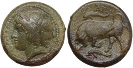 Sicily. Syracuse. Agathokles (317-289 BC). AE Hemilitron. Struck circa 317-310 BC. Obv. ΣΥΡΑΚΟΣΙΩΝ. Wreathed head of Kore left; behind, torch. Rev. Bu...