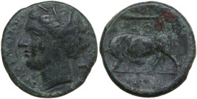 Sicily. Syracuse. Agathokles (317-289 BC). AE, c. 317-310 BC. Obv. Head of Kore left, wearing wreath of grain ears, earring and necklace, behind, unce...