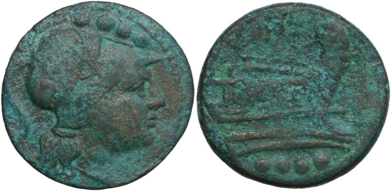 Sextantal series. AE Triens, c. 211 BC. Obv. Helmeted head of Minerva right; abo...