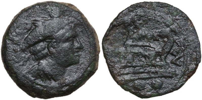 P. Manlius Vulso. AE Sextans, uncertain mint in Sardinia, 210 BC. Obv. Draped bu...