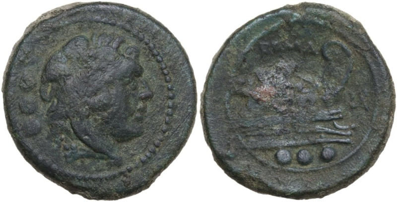 ROMA in monogram series. AE Quadrans, uncertain mint in Southeast Italy, 211-210...