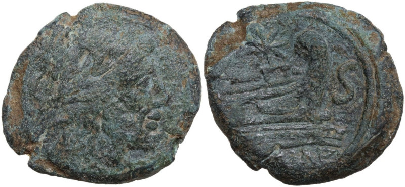 Star (first) series. AE Semis, 206-195 BC. Obv. Laureate head of Saturn right. R...