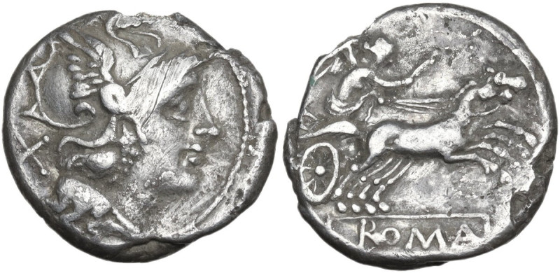 Anonymous. AR Denarius, 157-156 BC. Obv. Helmeted head of Roma right, X behind. ...