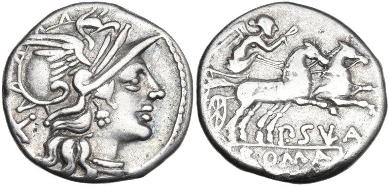 Pub. Sulla. Denarius, 151 BC. Obv. Helmeted head of Roma right; behind, X. Rev. ...