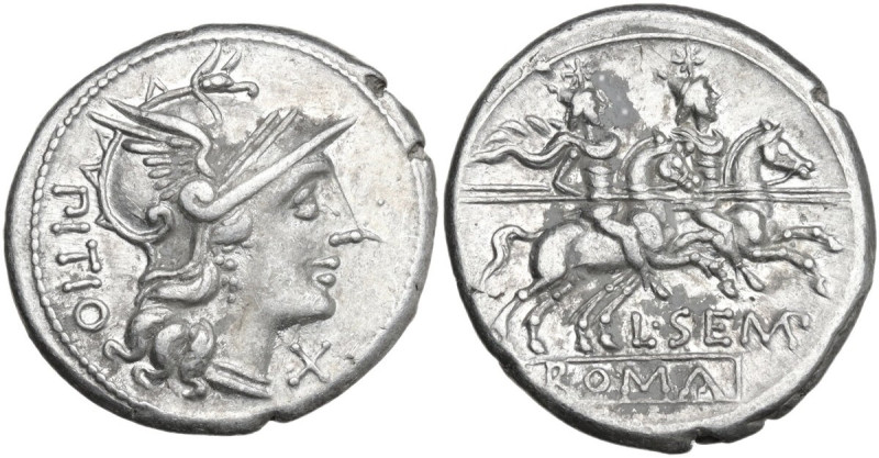 L. Sempronius Pitio. Denarius, 148 BC. Obv. Helmeted head of Roma right; behind,...