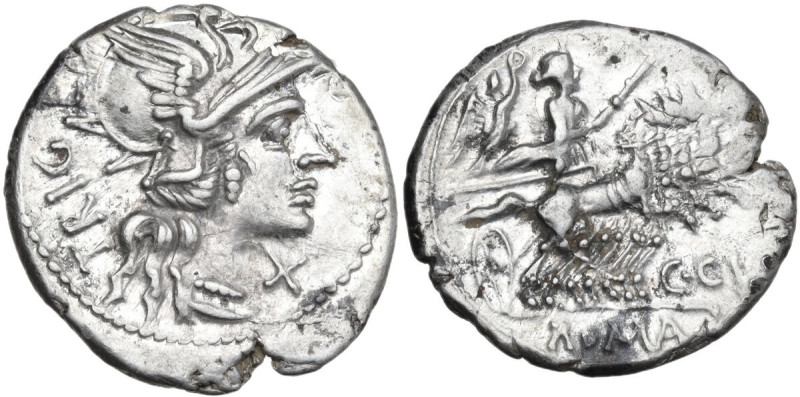 C. Curiatius Trigeminus. Denarius, 142 BC. Obv. Helmeted head of Roma right; beh...