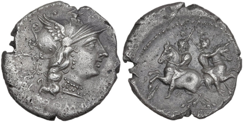 C. Servilius M.f. Denarius, 136 BC. Obv. Helmeted head of Roma right; behind, wr...