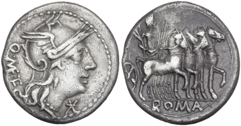 Q. Caecilius Metellus. AR Denarius, 130 BC. Obv. Helmeted head of Roma right; be...