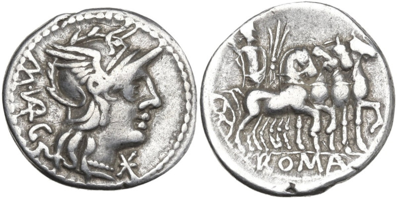 M. Vargunteius. AR Denarius, 130 BC. Obv. Head of Roma right, helmeted. Rev. Jup...