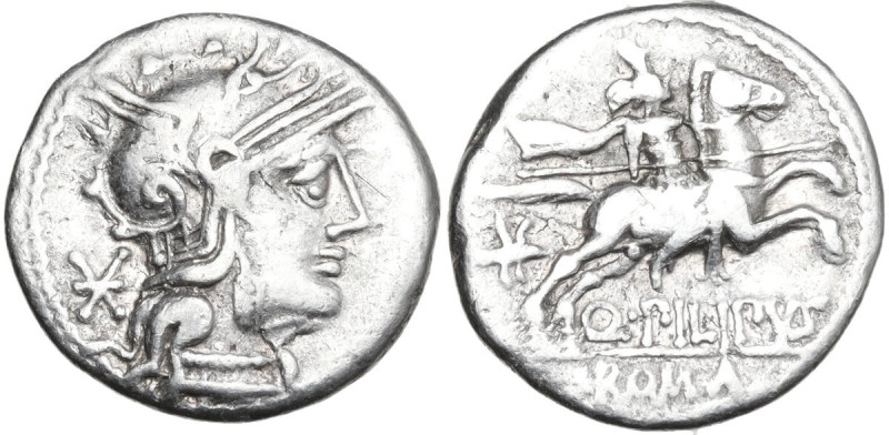 Q. Marcius Philippus. Denarius, 129 BC. Obv. Helmeted head of Roma right; behind...