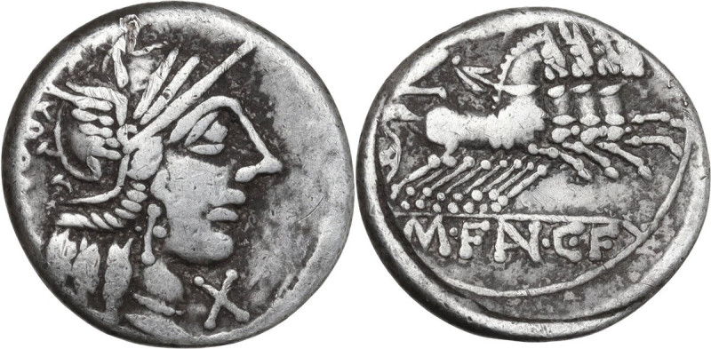 M. Fannius C.f. Denarius, 123 BC. Obv. Helmeted head of Roma right; behind, ROMA...