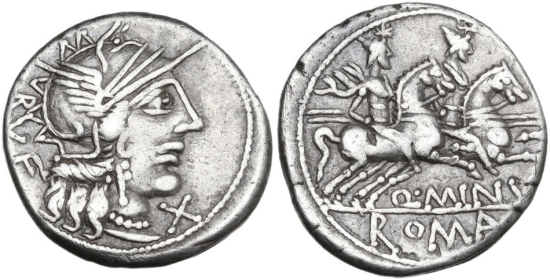 Q. Minucius Rufus. Denarius, 122 BC. Obv. Helmeted head of Roma right; behind, R...