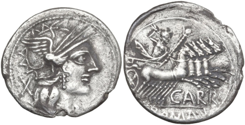 Cn. Papirius Carbo. Denarius, 121 BC. Obv. Helmeted head of Roma right; behind, ...