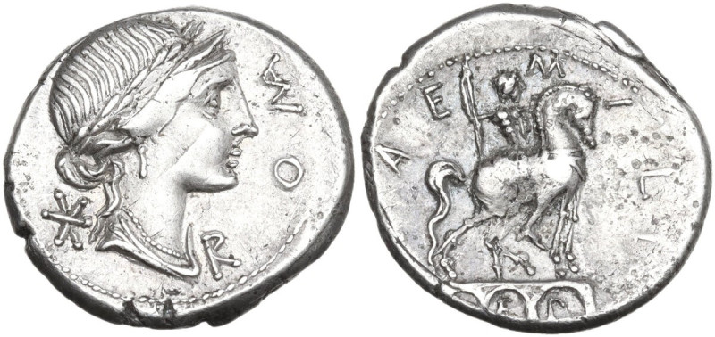 Mn. Aemilius Lepidus. Denarius, 114 or 113 BC. Obv. Laureate, diademed and drape...