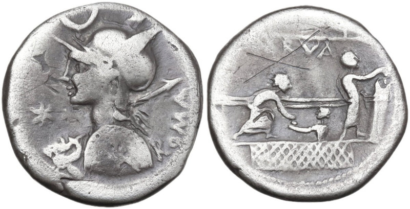 P. Nerva. Denarius, 113 or 112 BC. Obv. Helmeted bust of Roma left; holding shie...