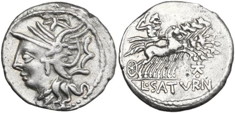 L. Appuleius Saturninus. Denarius, 104 BC. Obv. Helmeted head of Roma left. Rev....