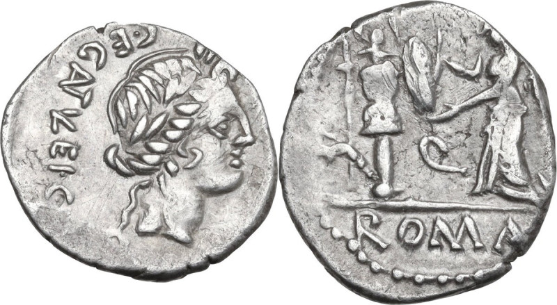 C. Egnatuleius. Quinarius, 97 BC. Obv. Laureate head of Apollo right; behind, C·...