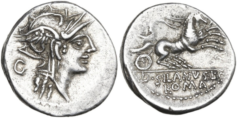 D. Iunius Silanus L.f. AR Denarius, 91 BC. Obv. Head of Roma right, helmeted. Re...