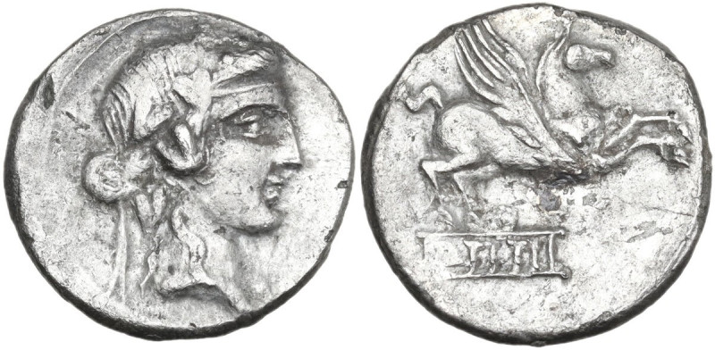 Q. Titius. Denarius, 90 BC. Obv. Head of Liber right, wearing ivy-wreath. Rev. P...