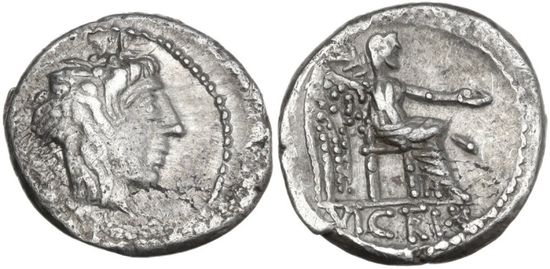 M. Cato. Quinarius, 89 BC. Obv. Head of Liber right, wearing ivy-wreath; behind,...