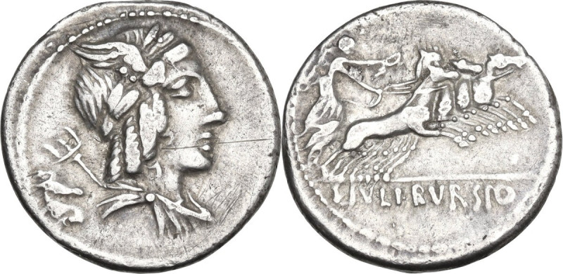 L. Julius Bursio. AR Denarius, 85 BC. Obv. Male head right, with the attributes ...