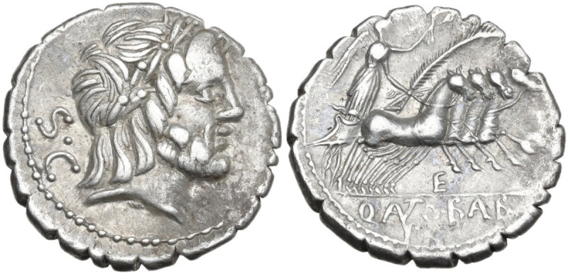 Q. Antonius Balbus. Denarius serratus, 83-82 BC. Obv. Laureate head of Jupiter r...