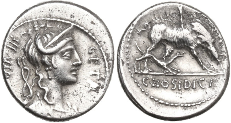 C. Hosidius C. f. Geta. Denarius, 68 BC. Obv. GETA-III·VIR. Diademed and draped ...