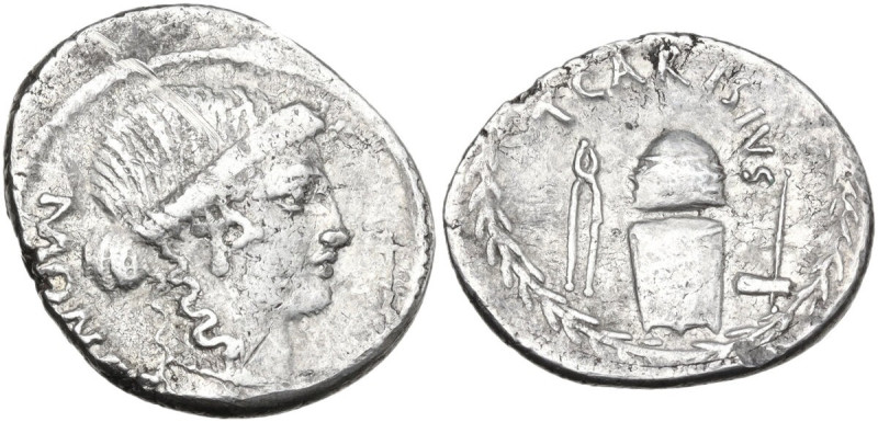 T. Carisius. Denarius, 46 BC. Obv. Head of Juno Moneta right; behind, MONETA. Re...