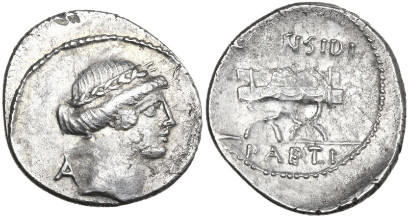 C. Considius Paetus. Denarius, 46 BC. Obv. Laureate head of Apollo right; behind...