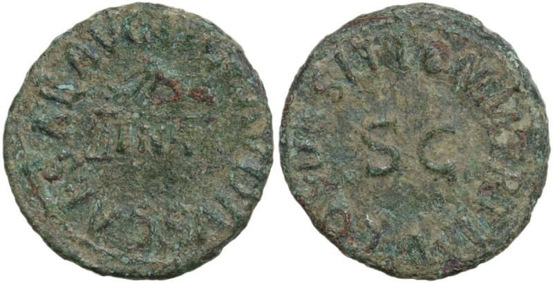 Claudius (41-54). AE Quadrans, Rome mint, 41 AD. Obv. TI CLAVDIVS CAESAR AVG. Ha...