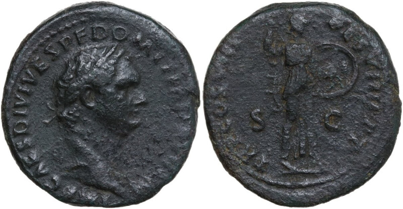 Domitian (81-96). AE As, 82 AD. Obv. Laureate head right. Rev. Minerva standing ...