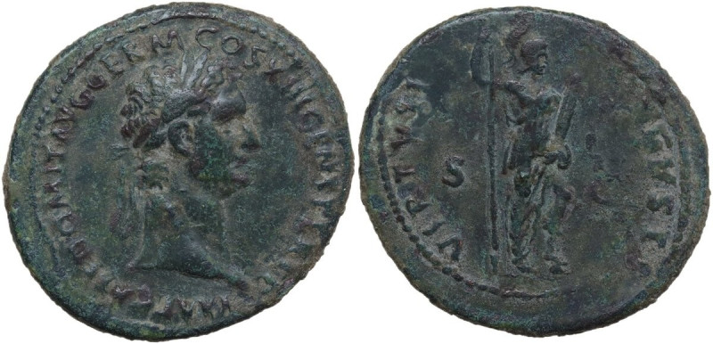 Domitian (81-96). AE As, 87 AD. Obv. Laureate bust right. Rev. Virtus standing r...