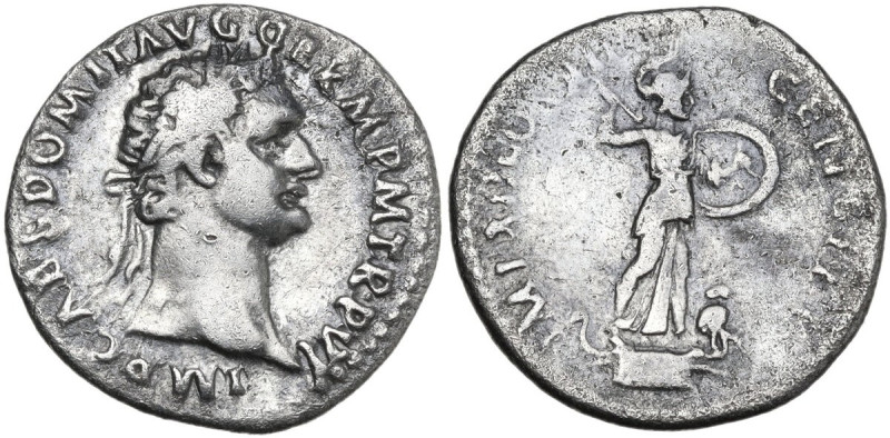 Domitian (81-96). AR Denarius, 86 AD. Obv. Laureate head right. Rev. Minerva sta...