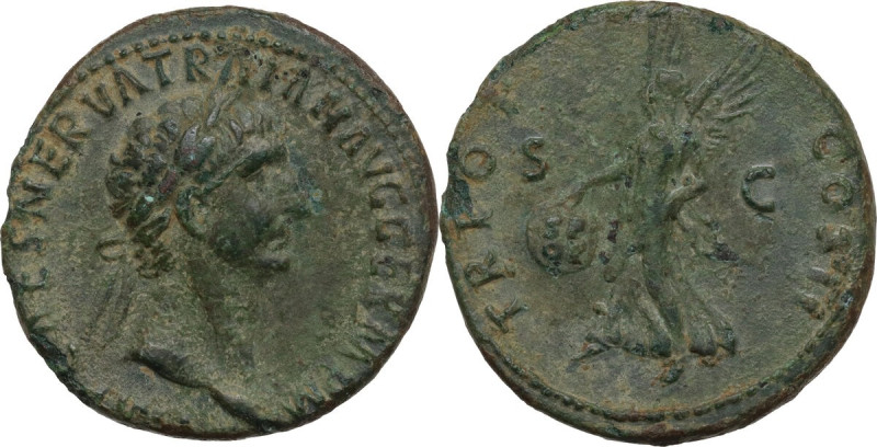 Trajan (98-117). AE As, 98-99 AD. Obv. IMP CAES NERVA TRAIAN AVG GERM PM. Laurea...