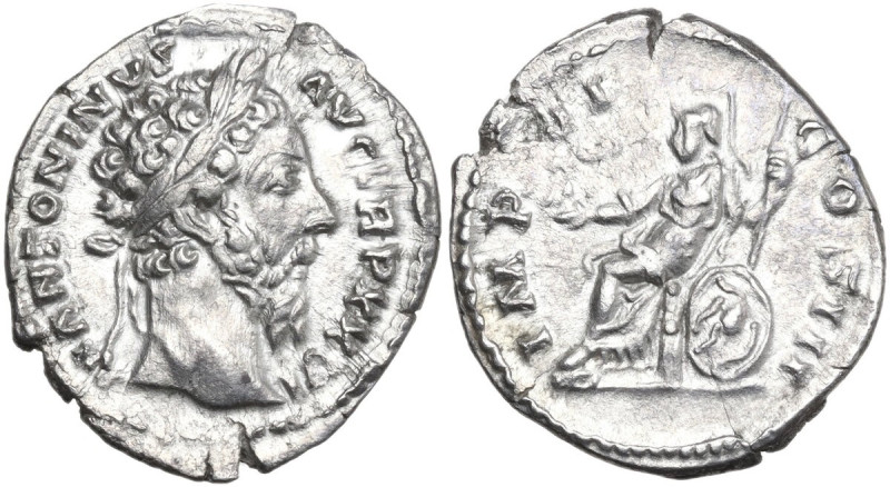 Marcus Aurelius (161-180). AR Denarius, 170-171. Obv. Head right, laureate. Rev....