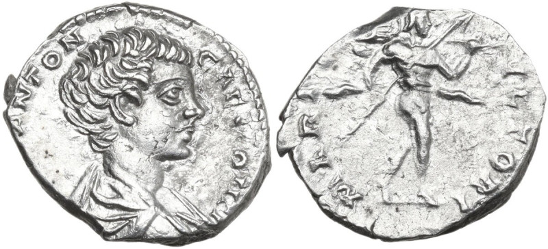 Caracalla (198-217). AR Denarius, 196-198. Obv. Bust right, draped. Rev. Mars ad...