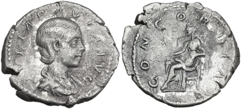 Julia Paula, first wife of Elagabalus (218-222). AR Denarius. Obv. Draped bust r...