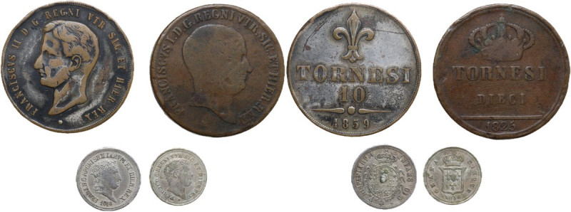 Italy. Lot of four coins: 10 grana 1818, 10 tornesi 1825, 5 grana 1838, 10 torne...