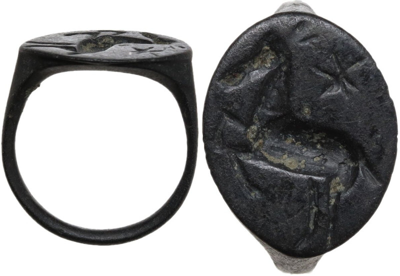 Bronze seal ring: horse prancing; above, star. Migration Period to Medieval. Inn...