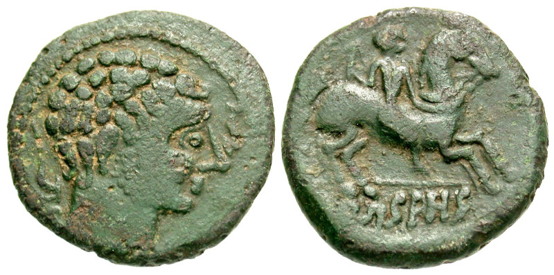 "Iberia, Arsaos. Ca. 150-140 B.C. AE 27 (27.3 mm, 11.06 g, 3 h). Bare male head ...
