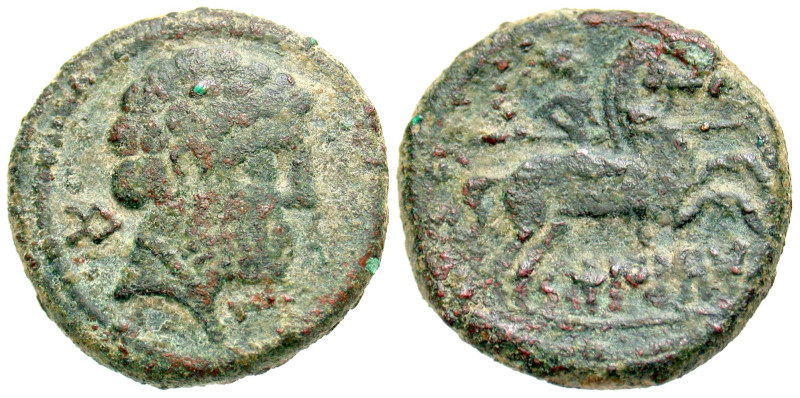 "Iberia, Belikio. Ca. 150-125 B.C. AE 23 (23.6 mm, 11.06 g, 1 h). Bare male head...