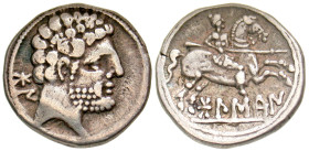 "Iberia, Bolskan. Ca. 150-100 B.C. AR denarius (17.7 mm, 3.94 g, 12 h). Bare bearded head right; Iberian 'bon' to left / 'Bolskan', warrior, holding s...