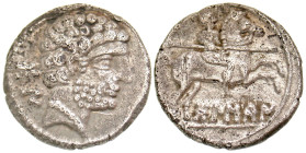 "Iberia, Bolskan. Ca. 150-100 B.C. AR denarius (17.8 mm, 3.69 g, 1 h). Bare bearded head right; Iberian 'bon' to left / 'Bolskan', warrior, holding sp...